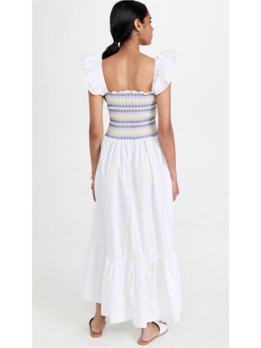 Cara Cara Ruby White Cotton Smocked Poplin Ruffle Midi Dress Size XS NWT - Picture 2 of 10